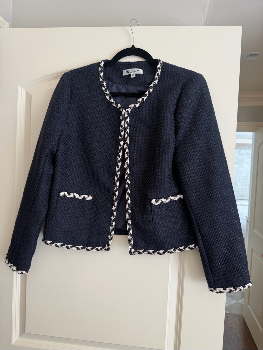 WD.NY Black Textured Tweed Jacket with White Trim